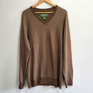 Eddie Bauer Herringbone Cotton Cashmere V-Neck Sweater Size Tall Large